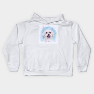 Watercolor Portrait of a Maltese Dog in Light Blue Background Kids Hoodie